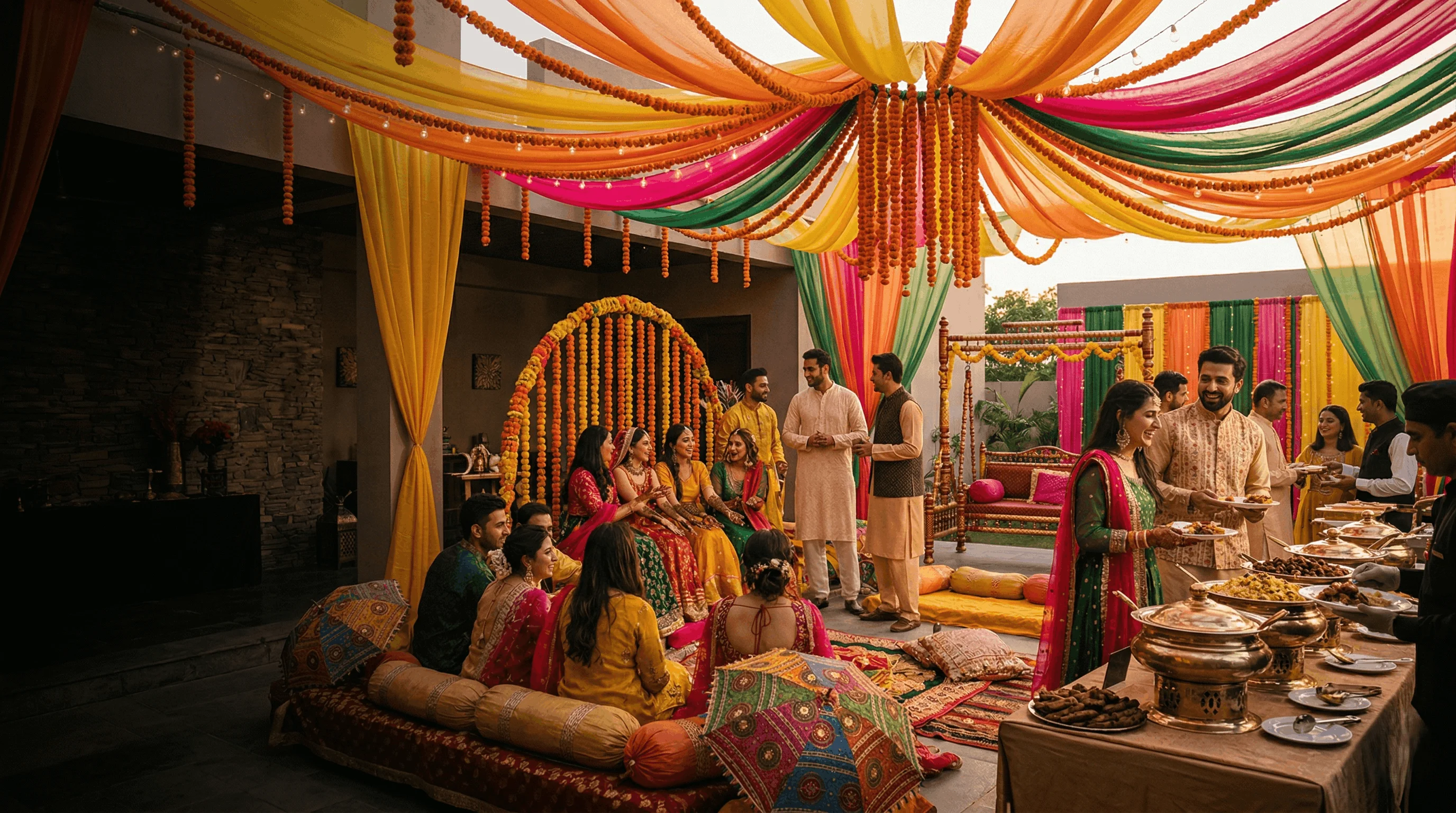 Vibrant colorful Pakistani mehndi ceremony setup with marigold flowers